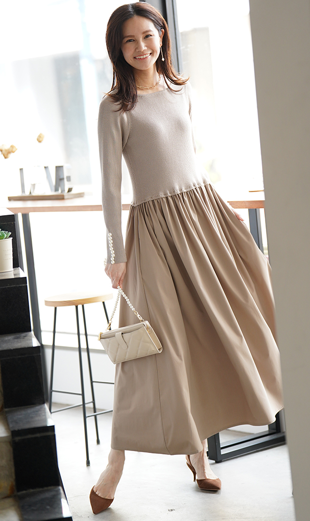 袖口パール付き長袖ドッキングワンピース・ベージュ