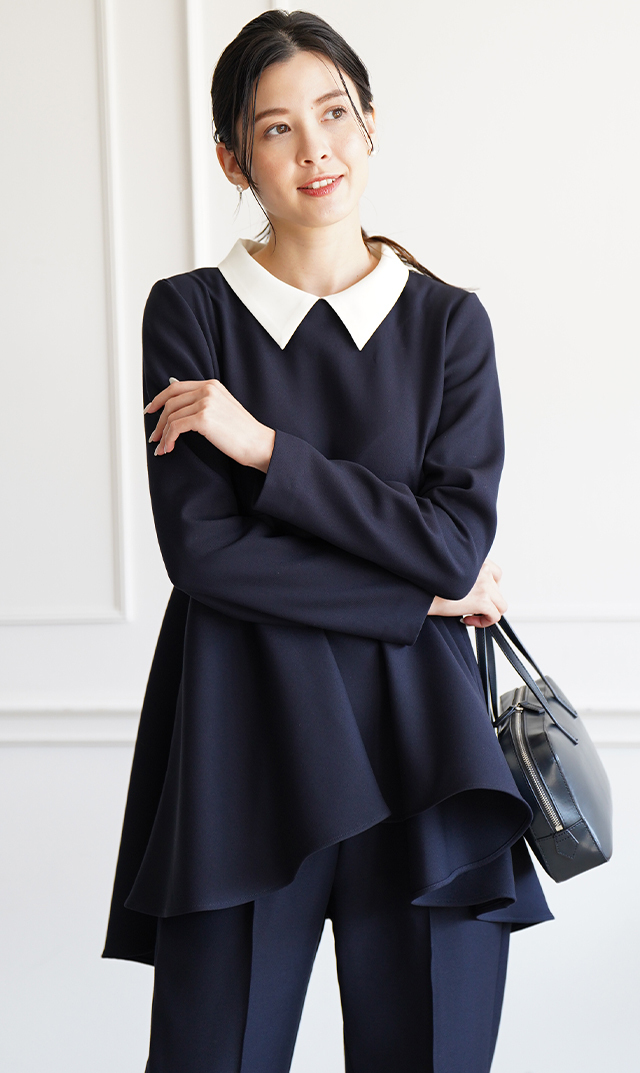 衿付き・衿なしの2wayロングスリーブブラウス紺