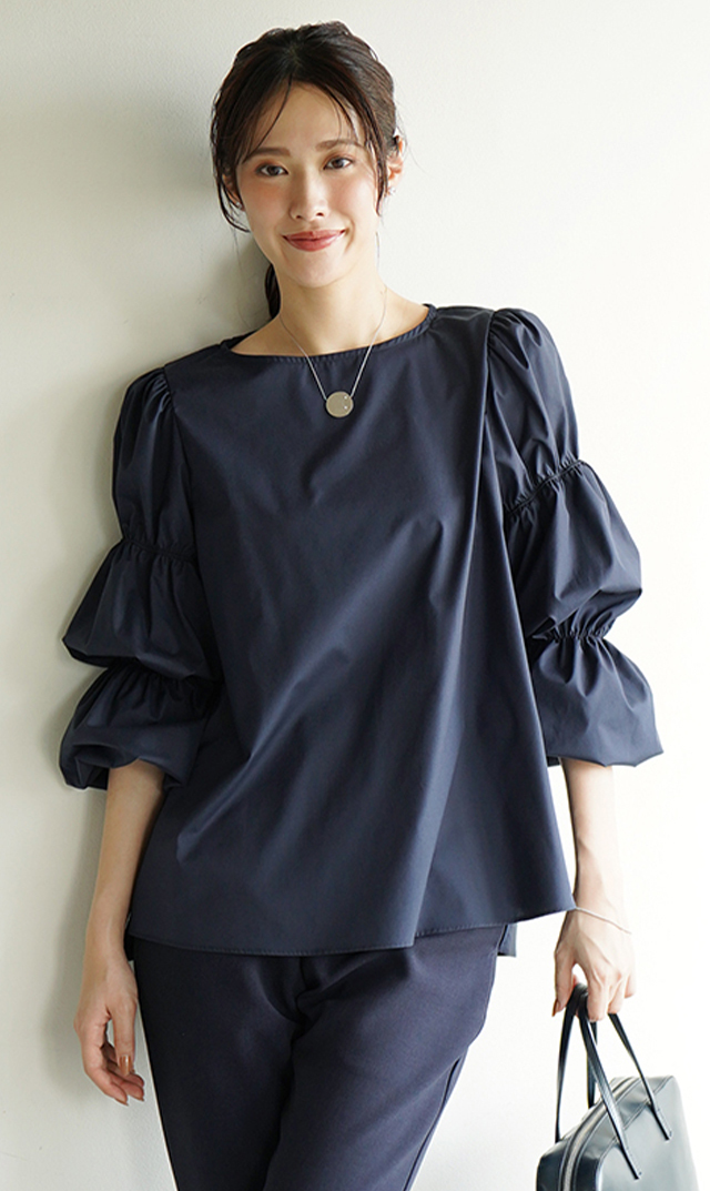 アイロン不要長袖コンシャスブラウス紺
