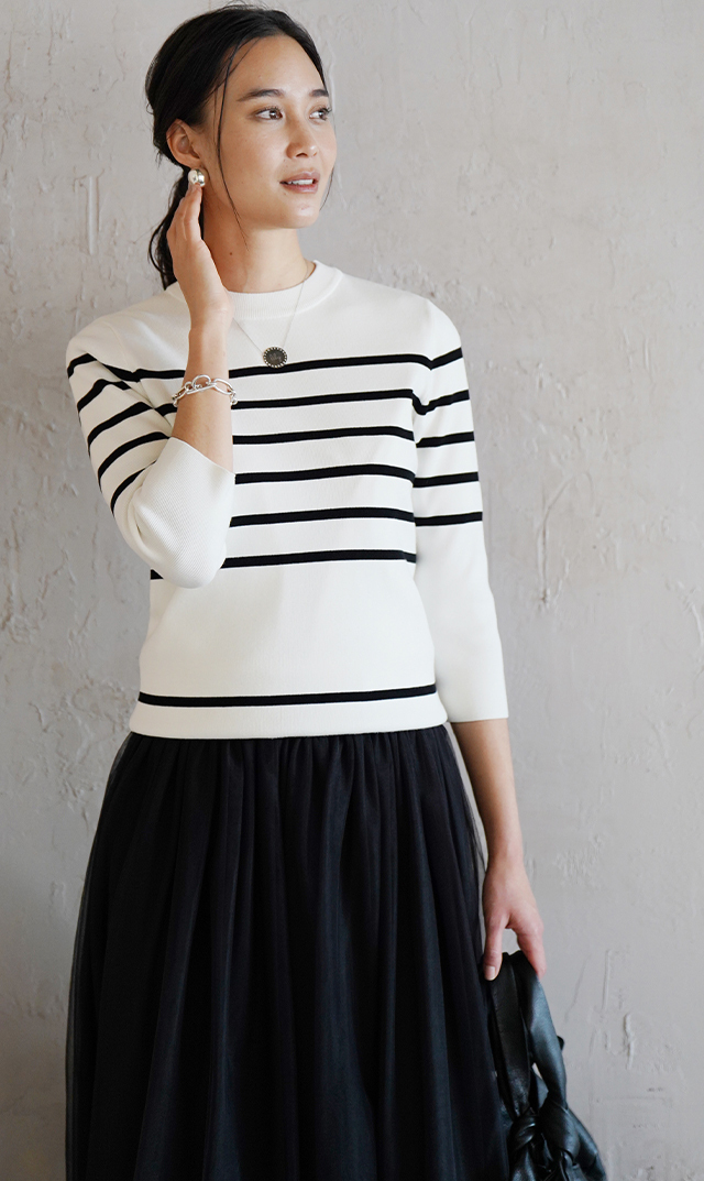 マタニティOKハイツイストボーダーニットホワイト×ブラック