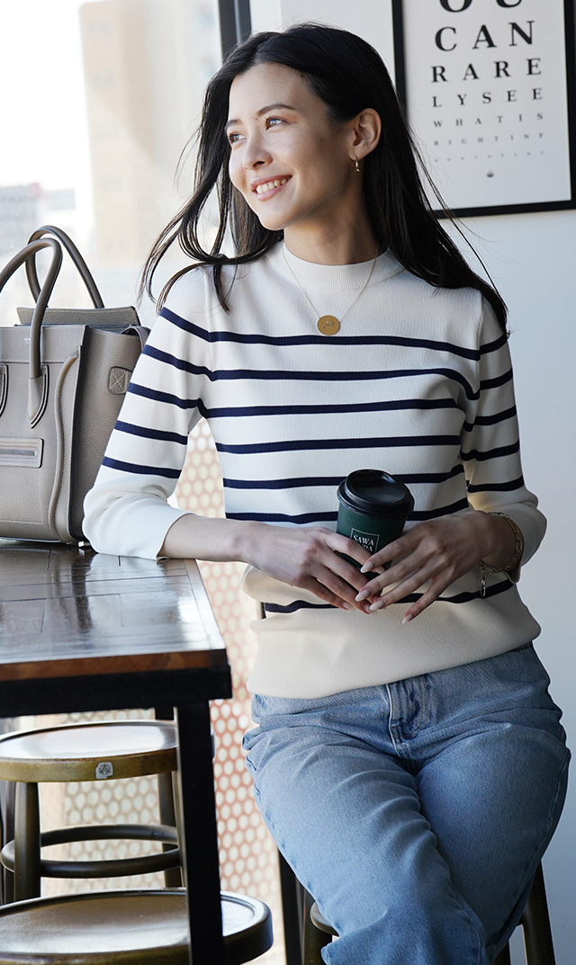 マタニティOKハイツイストボーダーニットホワイト×ネイビー