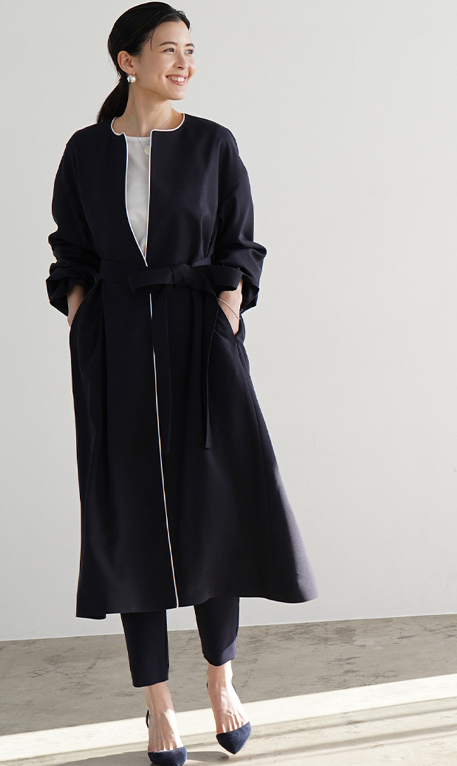 撥水防シワ吸汗速乾素材リネンライクイージーコート紺