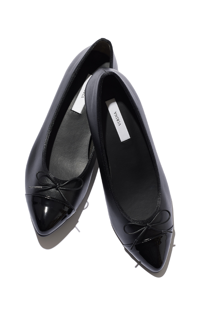 晴雨兼用ポインテッドバレエシューズ黒×エナメル黒